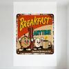 Vintage Rusty Metal Breakfast Sign - Orange White Background, Brown Bacon Egg Coffee Sun Cartoon Characters, 'BREAKFAST ANYTIME'