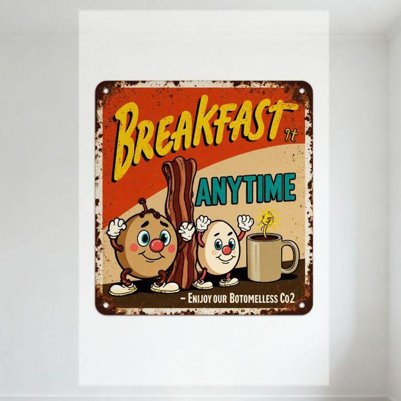 

Vintage Rusty Metal Breakfast Sign - Orange White Background, Brown Bacon Egg Coffee Sun Cartoon Characters, BREAKFAST ANYTIME 20x30cm（7.8x11.8inch）