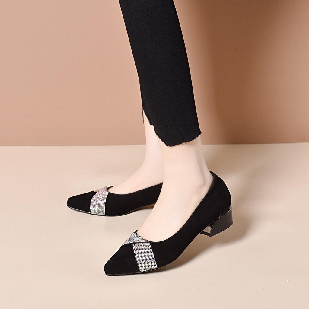 Pointed single shoes women's 2025 spring shallow loafers simple temperament rhinestone banquet shoes two kinds of high foot shoes