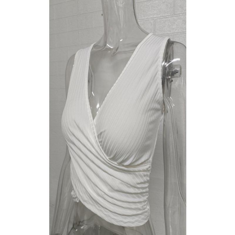 Women Sexy Cross Wrap Ruched Solid Crop Tank Top Slim Fit