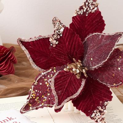 26CM Wine Red Artificial Poinsettia Flower Sequins Glitter Christmas Glitter Flower Sparkling Simulation Flowers Home Decoration
