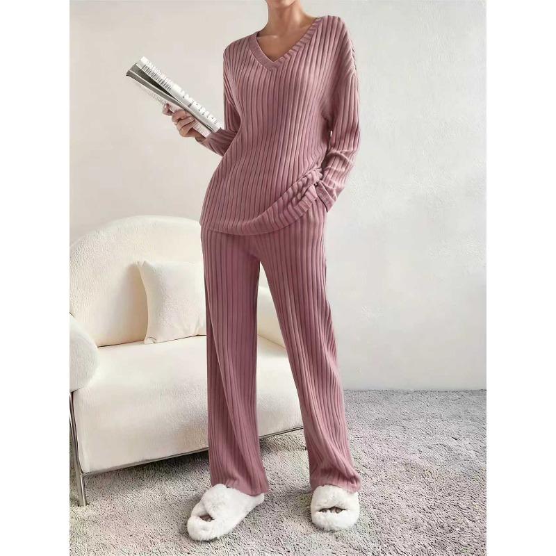New Autumn Winter Women Two Piece Loungewear Set, Elegant Loose V-Neck Casual Outfit With Straight Leg Pants