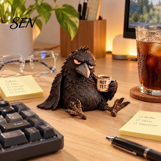 Kávový hrnek ve tvaru vrány, Vtipná figurka vrány s hrnkem, Soška z pryskyřice, Realistické zvířecí novinka Sběratelská soška Ornament pro domácí dekoraci, Kreativní