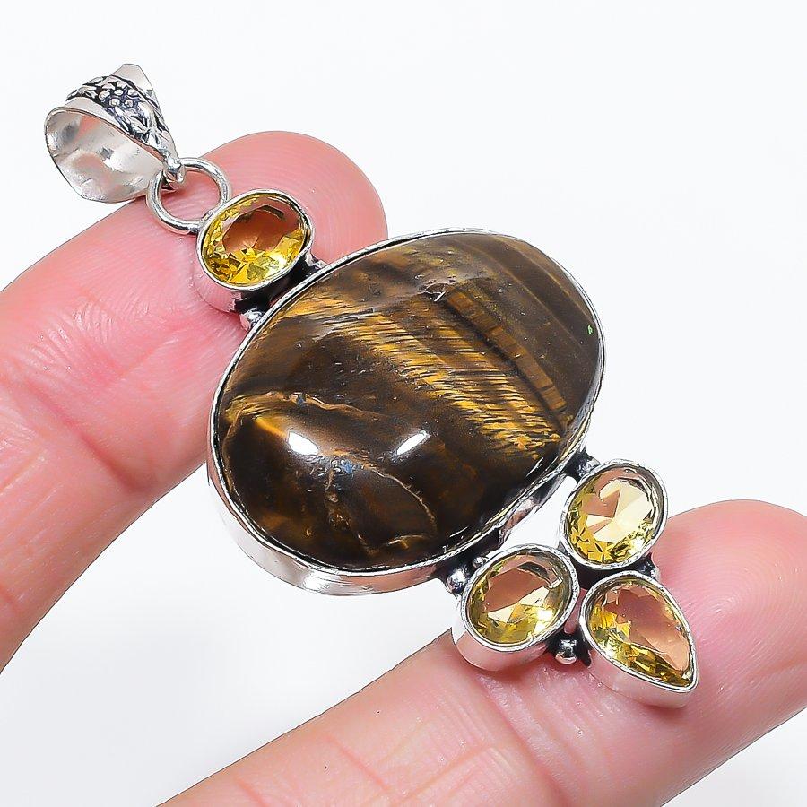 

Natural Tiger Eye, Citrine 925 Sterling Silver Jewelry Pendant 2.44 J0f64