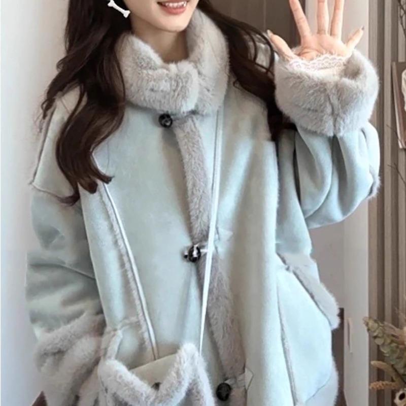 

Женская короткая куртка из меха с лацканами, новая осенне-зимняя свободная одежда в стиле локомотив, утолщенный меховой топ M recommends 80-55 kg серо голубой