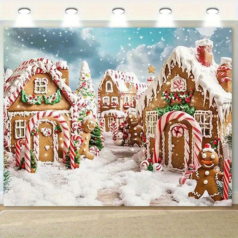 1pc Christmas Gingerbread Village Background - Winter Wonderland background and gingerbread House, Candy Cane - Polyester 100x150cm