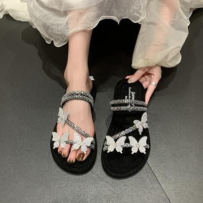 Fashion Summer 2024 New Style Rhinestone Three-dimensional Butterfly Solid Color Round Toe Large Size Flat Sandals for Women