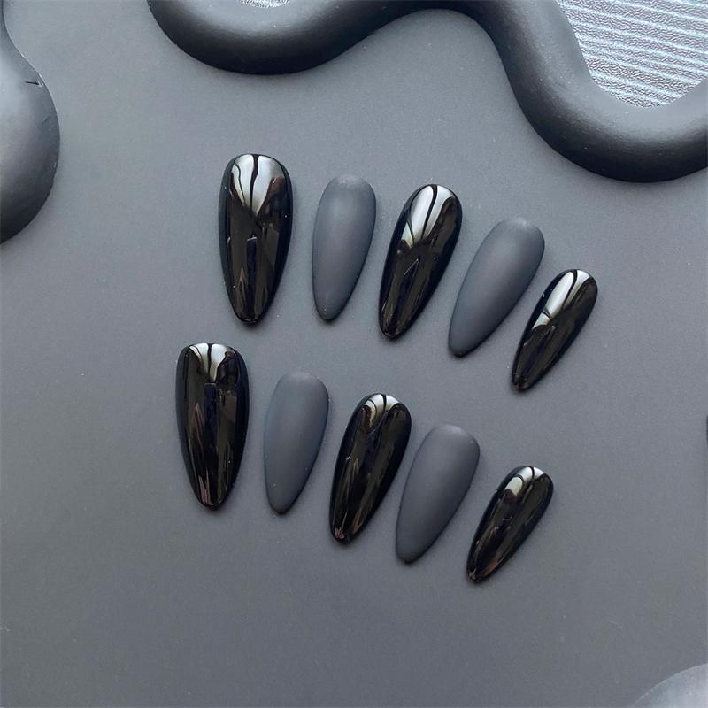 Handmade Almond Black Press on Nails Full Cover Acrylic Fake Nails Medium Matte Dark Manicure Nail Tips Wearable Reusable Woman