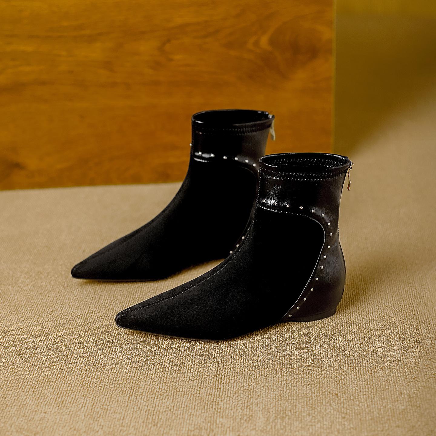 

Inner heightening pointed short boots women s autumn and winter new suede splicing retro versatile comfortable commuting simple thin boots 34 чёрный