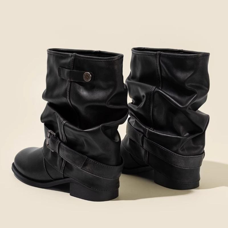 Western Cowboy Boots Women Fall New Round Toe Metal Belt Buckle Pleated Stack Vintage Block Heel Shortho Boots