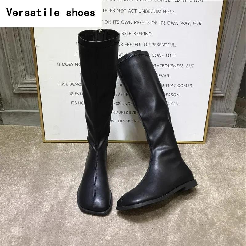 Street Style Stretch Damskie Wysokie Buty Do Kolan Modne Eleganckie Buty Z Kwadratowym Noskiem Damskie Nowoczesne Płaskie Długie Botki