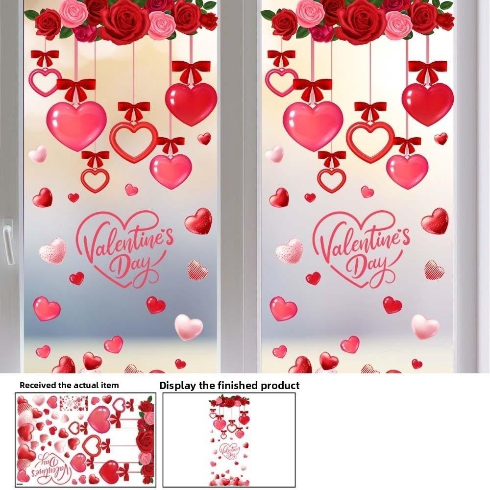 PVC Valentine's Day Window Stickers Love Heart Balloon Shape Pink Red Flower Rose Love Heart Window Decals DIY Waterproof