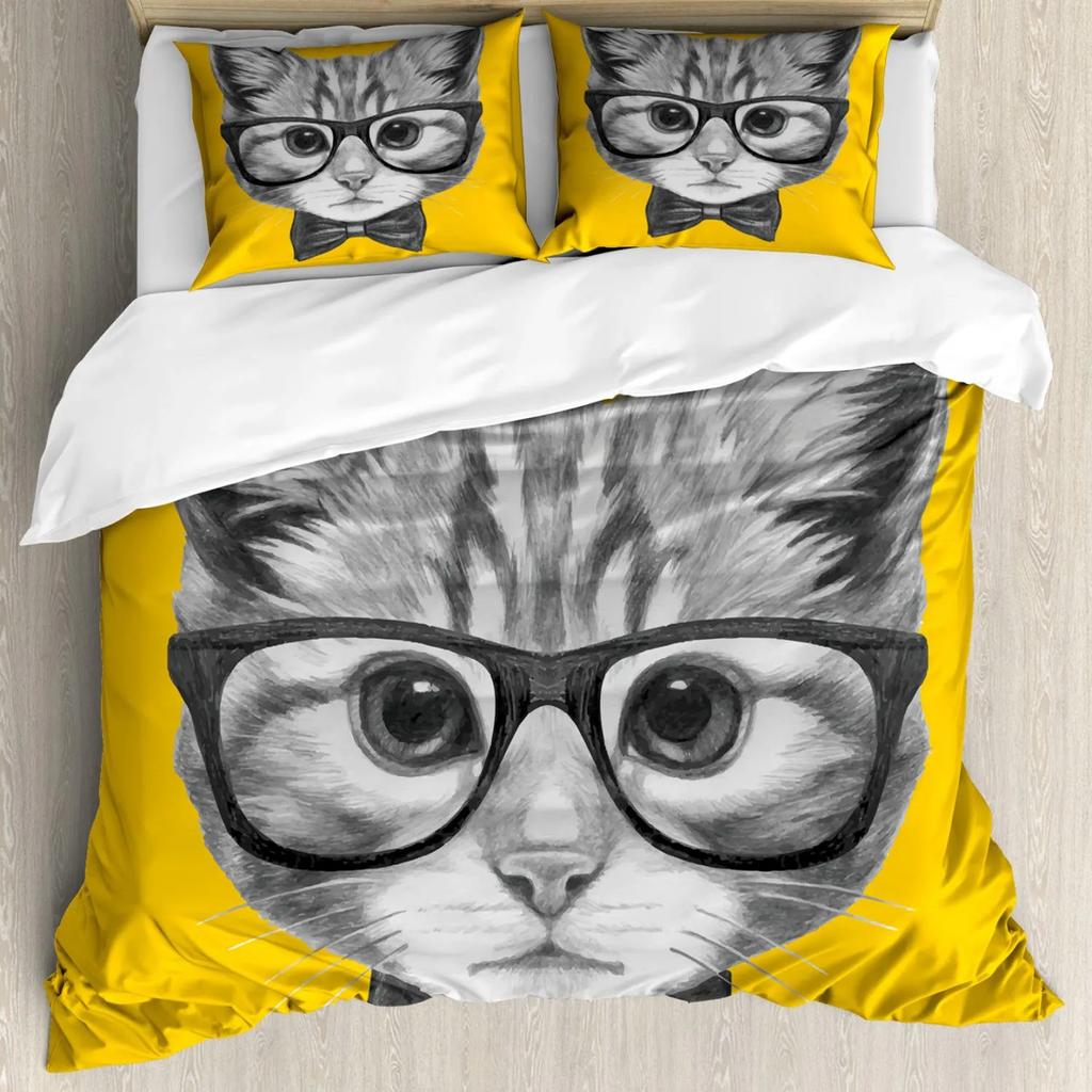 Cute Cat Duvet Cover Twin Size 3D Animal Vivid Colorful Cat Printed Comforter Cover Soft Polyester Bedding Set For Adult Teens