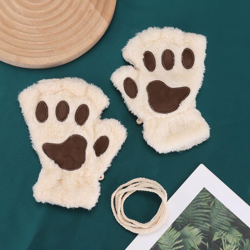 Cartoon cat claw gloves women's winter cute girl bare finger thickened warm bear paw plush half finger gloves