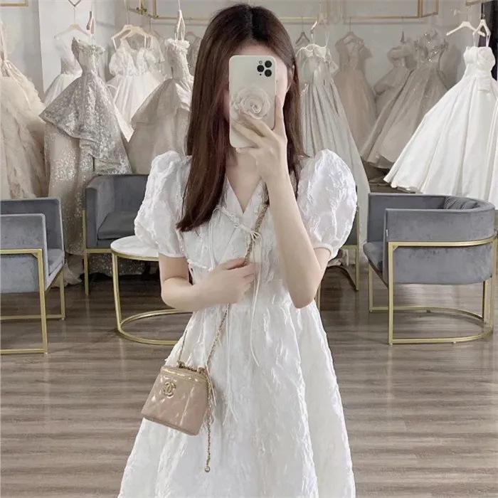 2024 French First Love Puff Sleeve White Dress - Summer Korean Style Slim Mid-Length Skirt for Female Students