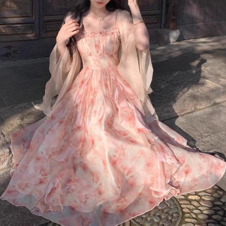 2-teilige Kleider-Sets Damen Elegant Chiffon Sommer Lässig Dünne Trägerkleid + Fee Strickjacke Vintage Anzug Auch Party