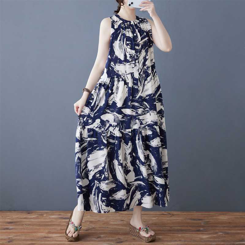 Ladies' Temperament Retro Printed Chiffon Loose Medium Long Dress