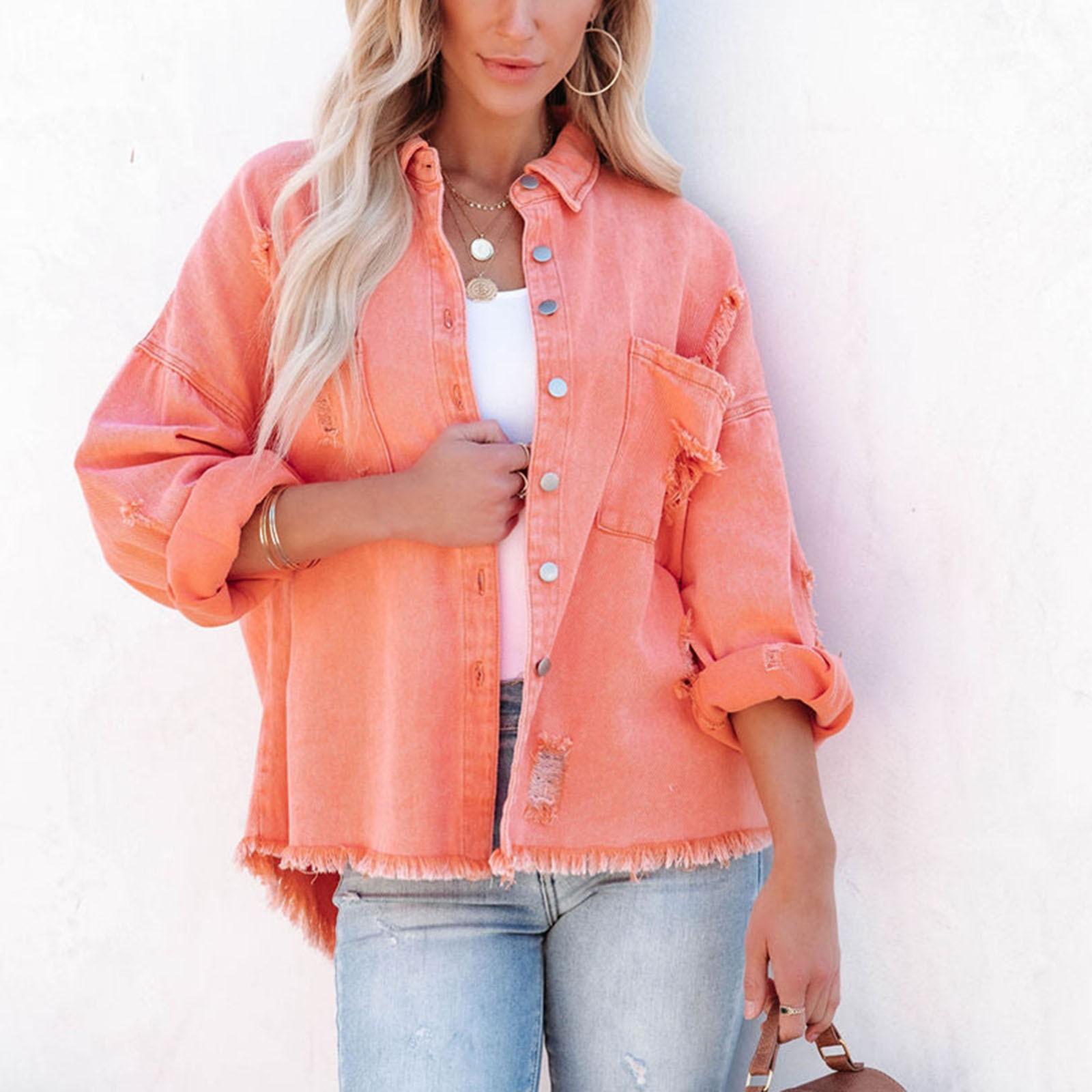 

Женская свободная повседневная джинсовая куртка Женская куртка с потертыми краями, пальто с длинными рукавами и карманами XL оранжевый