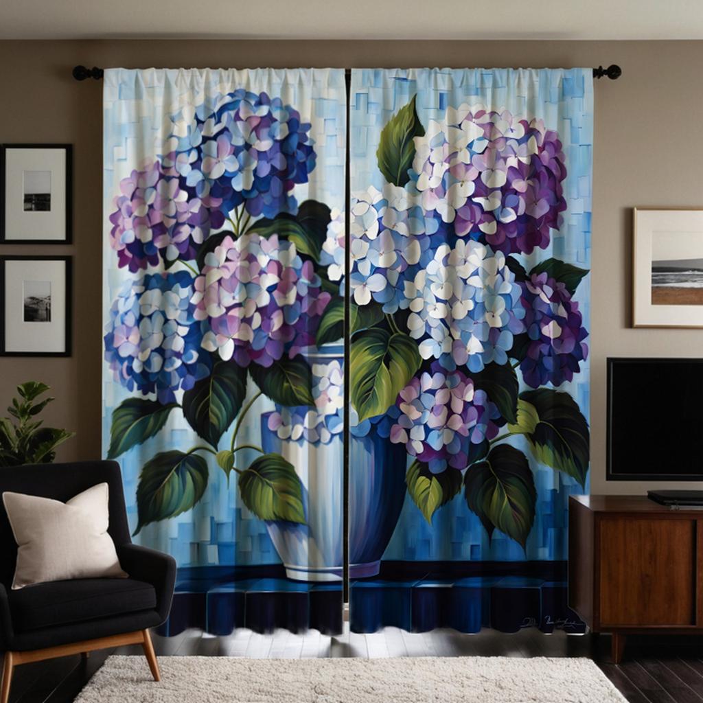 2pcs HD Decorative Curtain Blue Purple Hydrangea Blue Tie Digital Printed Curtain Home Decor Style Decorate Living Room Bedro