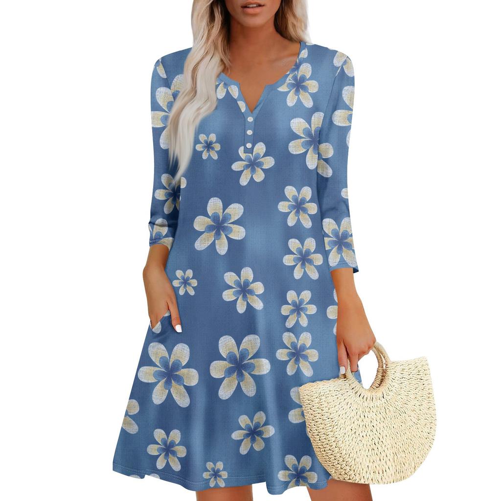 Women’s V Neck Floral Print Loose Fit Dress with Three Quarter Sleeves Casual Flowy A Line Summer Dress for Daily Wear