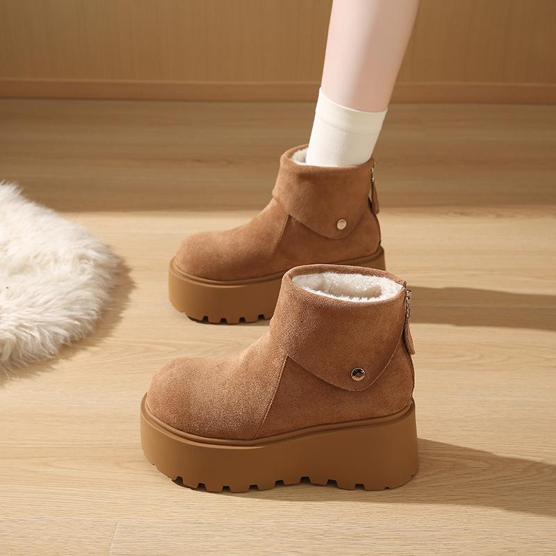 Thick-soled Heightening Snow Boots Women's 2025 New Winter Plush Warm Fluffy Short Boots Fashionable Ugly and Cute Big-headed Cotton Shoes