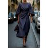 VEZFAA Women's Fashion Spring Fall Solid Color Print 3/4 Sleeves O-Neck High Waist Casual Dresses