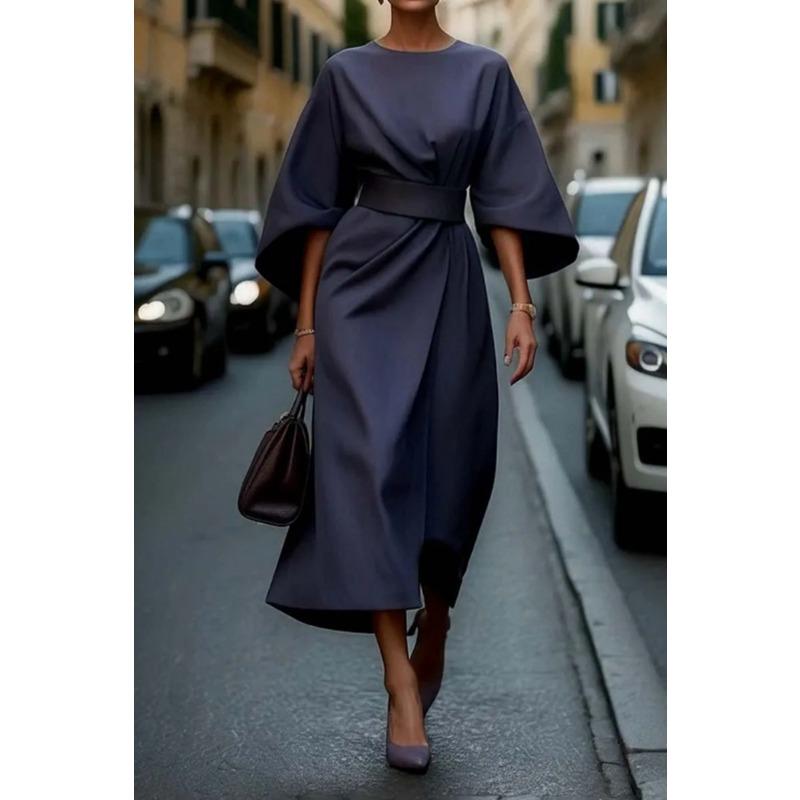 VEZFAA Women's Fashion Spring Fall Solid Color Print 3/4 Sleeves O-Neck High Waist Casual Dresses