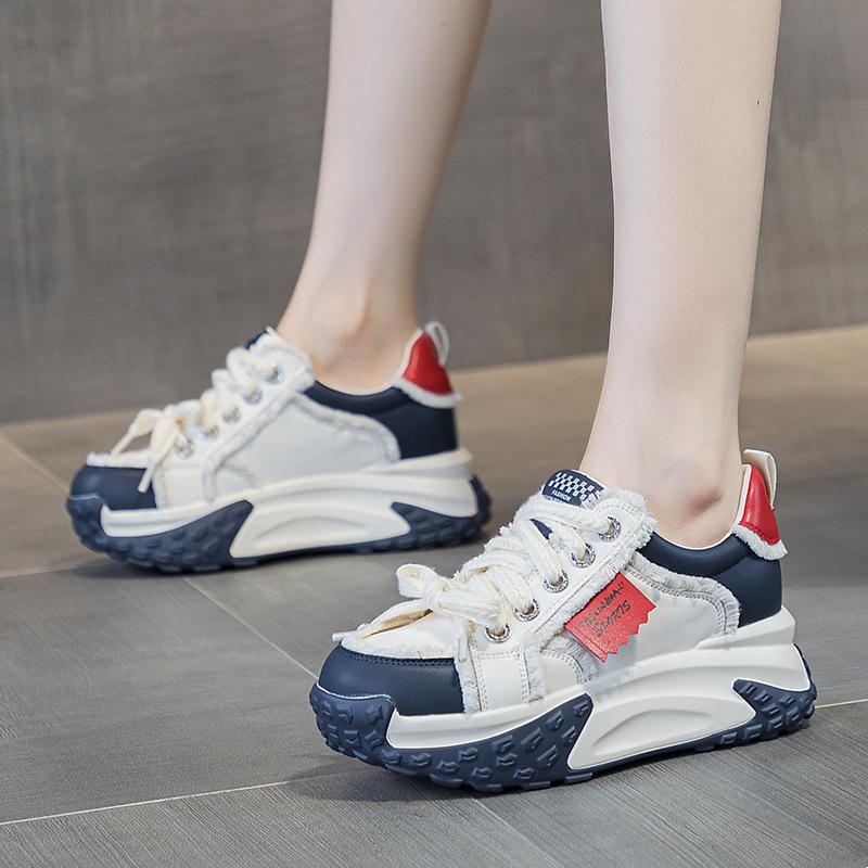Spring Summer Increased 5CM Women Platform Sneakers High-quality Microfiber Leather Lace-up Women Vulcanized Shoes  Mujer