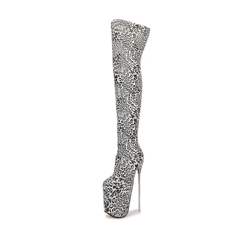 Fashion European and American Sexy Leopard Print High-heeled Knee High Boots for Women's Fashion Shows, Plus Size Color Blocked Shoes