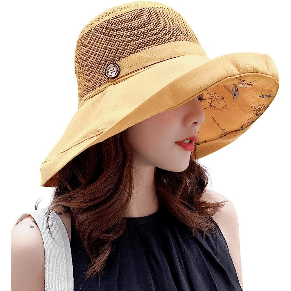 Women Mesh Sun Hats Summer Beach Packable Wide Brim Chin Strap