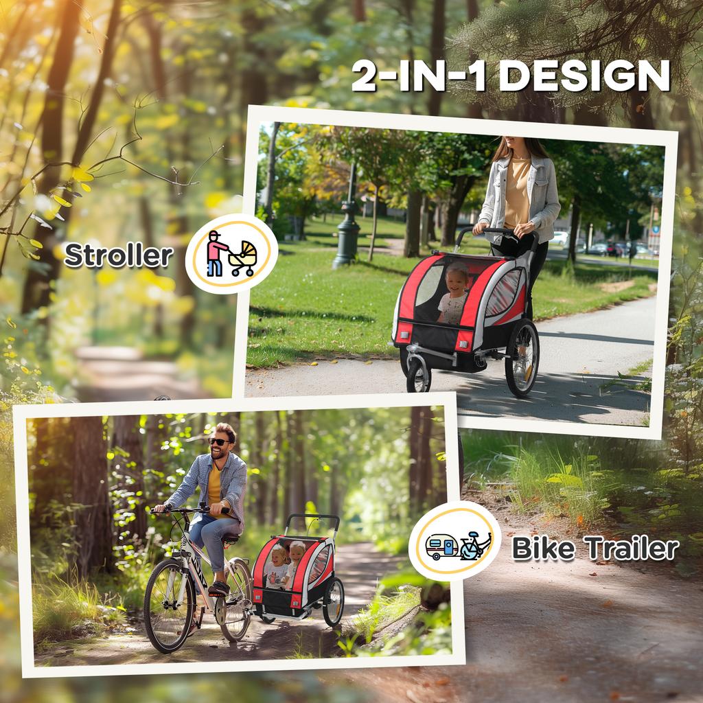 Baby Bike Trailer, Child Bicycle Trailer with 5 Point Harness, Steel Frame, Reflectors, Safety Flag, Hitch Coupler, Red