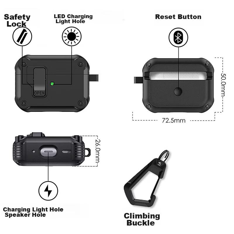 AirPods 3 Case, Shockproof Armor Shell for Third Generation Apple Wireless Bluetooth Earphones, Anti-Loss Smart Opening Clasp with Hook, Black