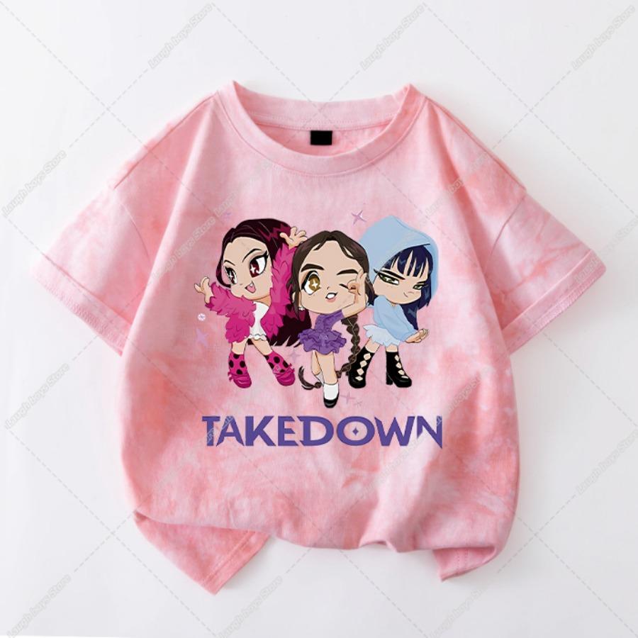 Kawaii KPop Demon Hunters Tie-dye T-shirt Girls Short Sleeve Tops Rumi Mira Zoey Printed Tee Shirts Summer Children's Clothing