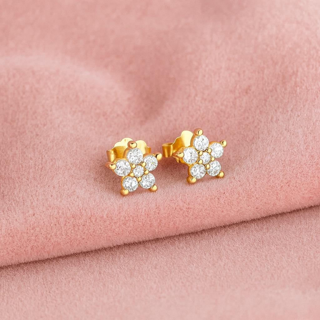 Classic Floral Cluster Stud Earrings - 925 Sterling Silver Yellow Plated