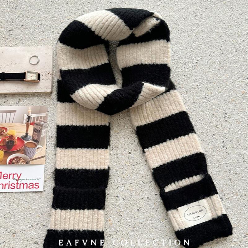 Black and White Striped Plush Small Scarf for Women Autumn and Winter Korean Style  Versatile Thickened  Warm and Cold Proof Narrow Scarf