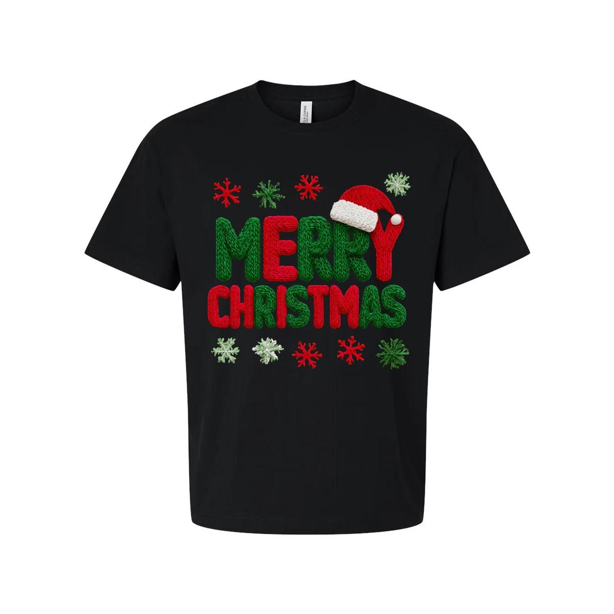 Merry Christmas Knit Style T Shirt With Santa Hat Graphic 3XL