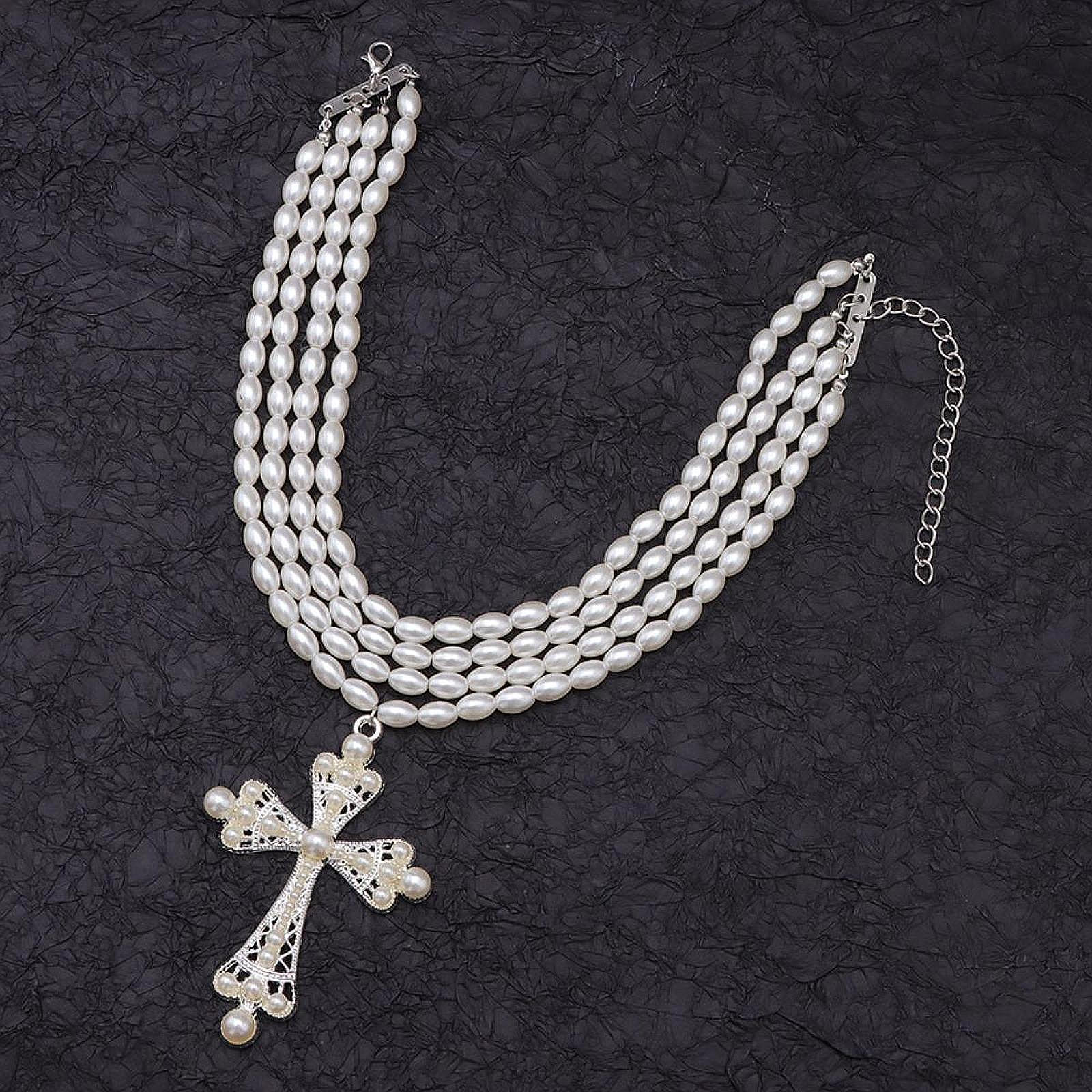

Cross Pendant Necklace for Women Bead Decor Choker Gothic Elegant Jewelry Stacked Silver Color