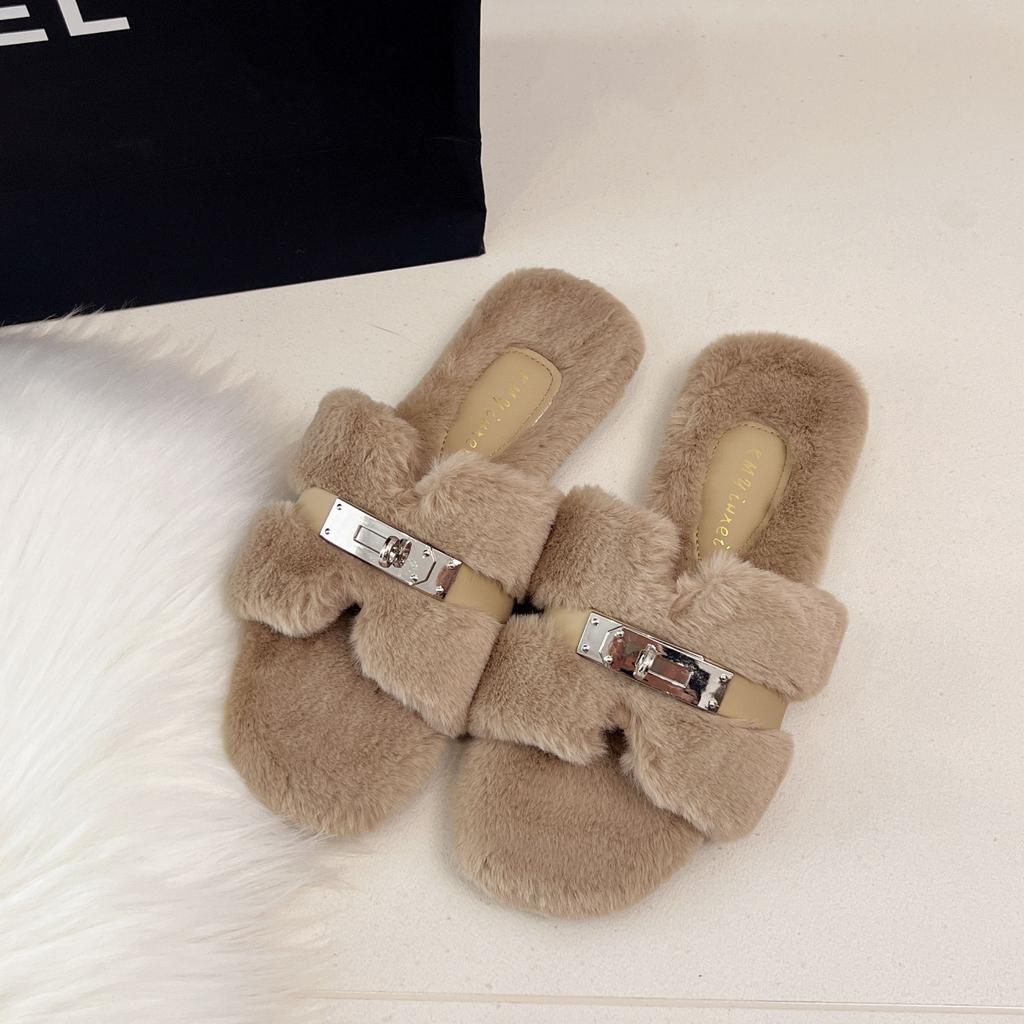 2025 herfst en winter nieuwe high-end bovenkleding kleine gouden gesp fluweel warme katoenen mop casual platte zool pluizige pantoffels dames