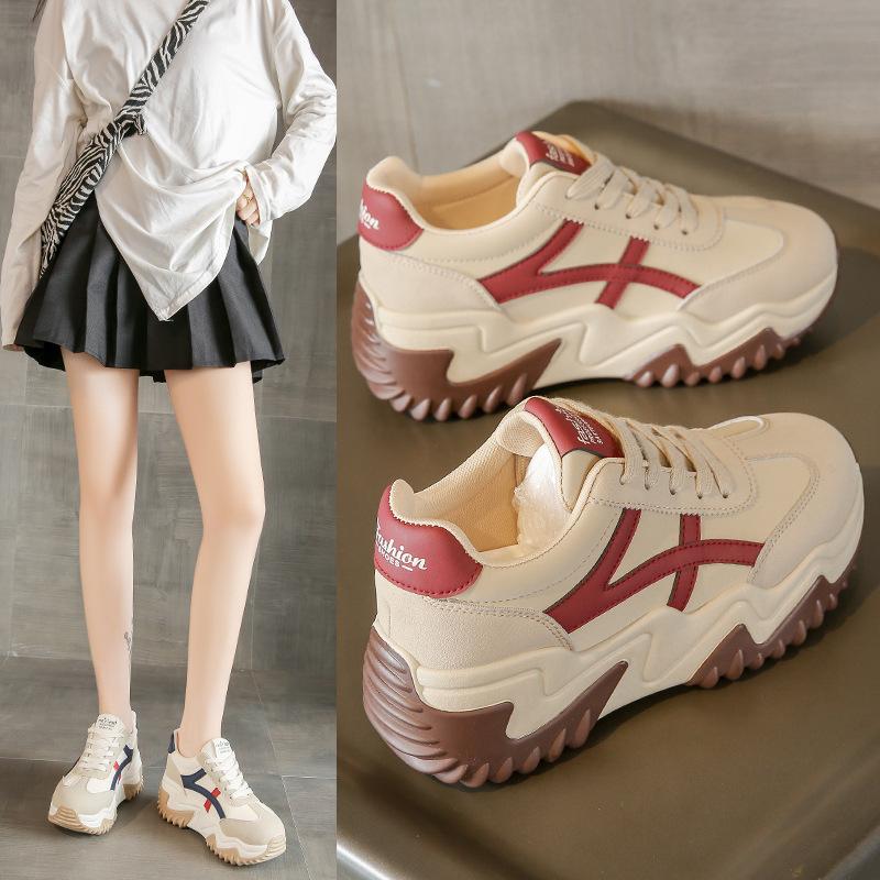 JC8826 New Color Matching Board Shoes Thick Sole Heightening Leather Sports Shoes Fashion Student Women's Shoes Korean Version Tide