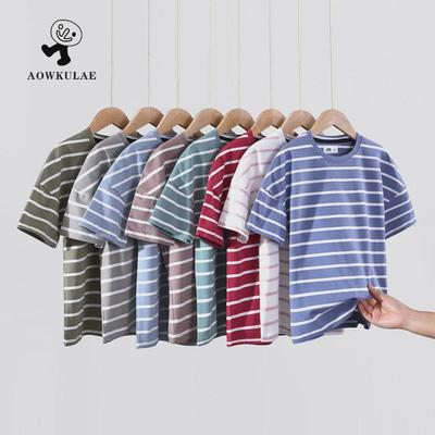 Letnie Dziecięce Luźne T-shirty w Paski z Krótkim Rękawem