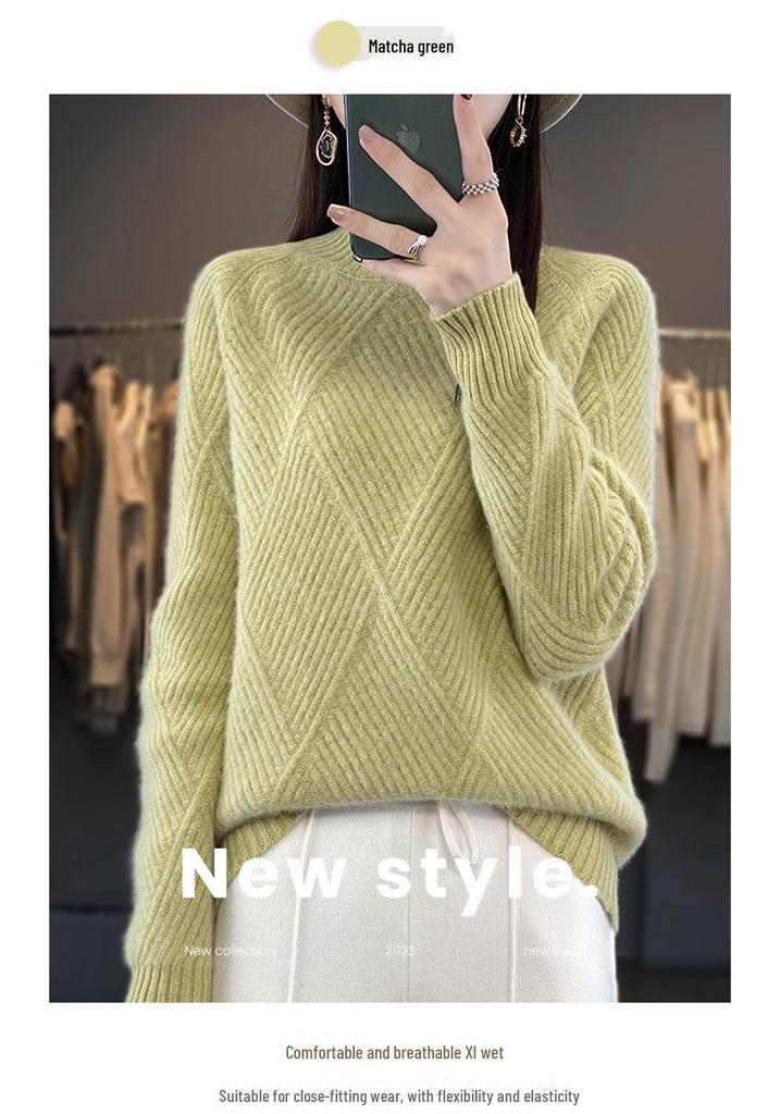 Women's Diamond Pattern Wool Pullover - Ribbed Knit, Half-High Neck, Long Sleeve, Solid Color for Autumn & Winter.