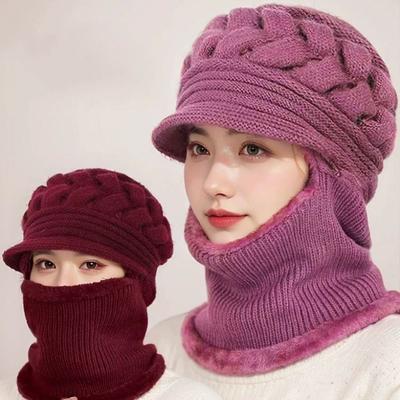 Fashion Winter Knitted Hat with Windproof Brim Fleece Lining Ear Protection Hat Thicken Warm Neck Warmer Set For Women