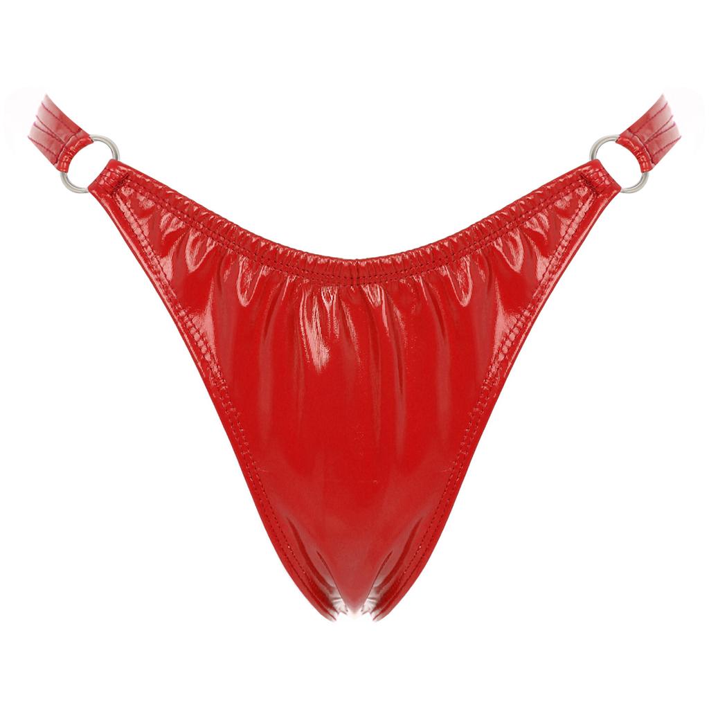 Womens Patent Leather Thong Underwear Elastic Waist O Ring Design Solid Color Glossy Briefs Nightclub Panties