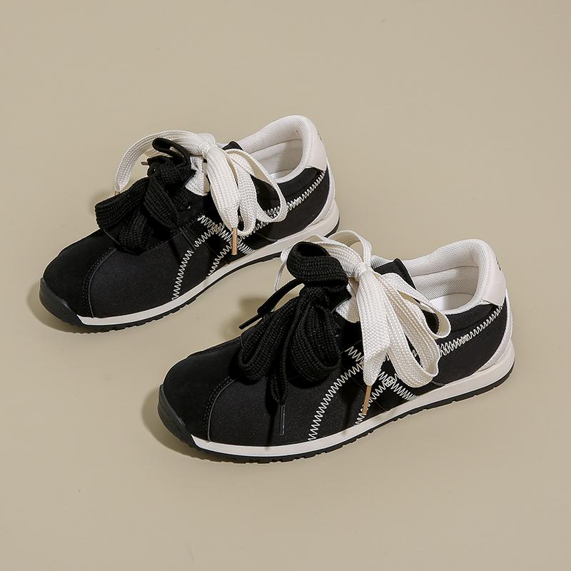 Women's Casual Sports Shoes Fall New Round Head Suede Splicing Front Lace-up Comfortable Flat Shoes