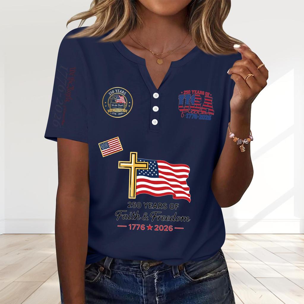 Women's Fashion Casual 250th Anniversary Independence Day Print V-Neck Short Sleeve Decorated Button-Up T-Shirt