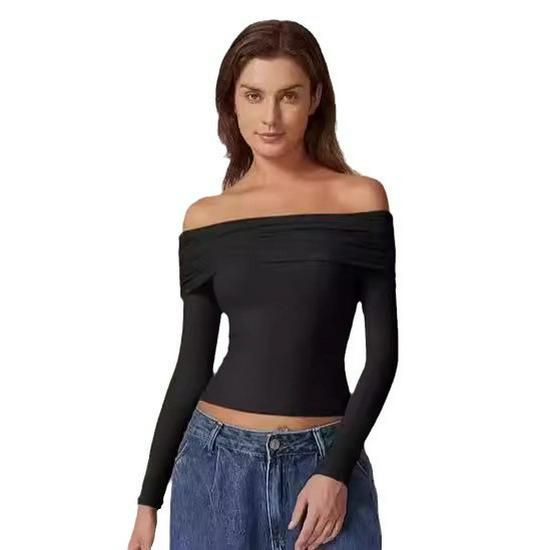 European and American Women's One-Shoulder Long-Sleeve Milk Silk T-Shirt - Elegant and Stylish Design