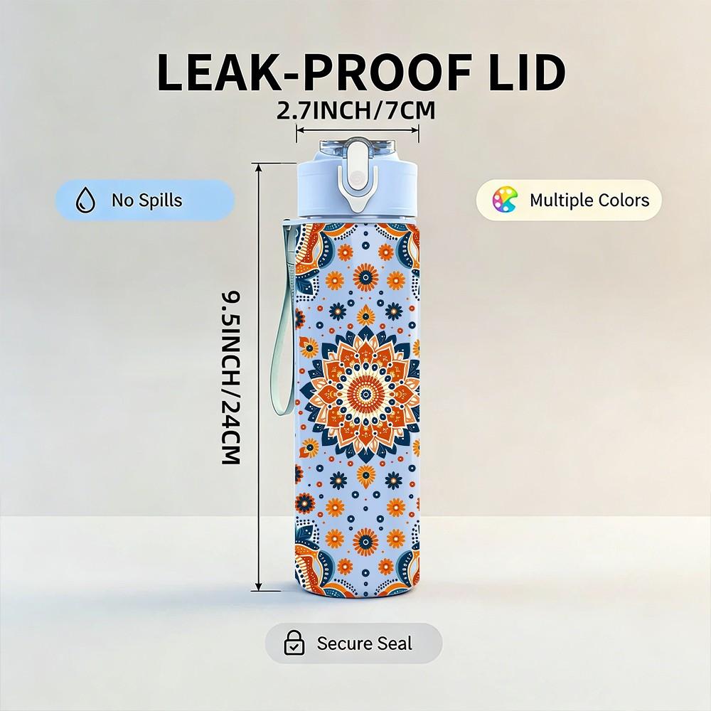 1PC Vintage Tile Bohemian Pattern Print 750ml Color Plastic Sports Water Bottle Leakproof Flip Straw Lid Suitable for Sports Office Home Use