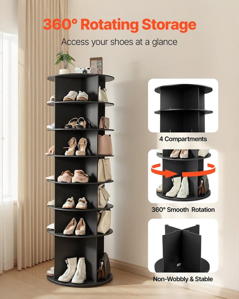 7 Tiers Rotating Shoe Rack Tower, 360° Spinning Shoe Rack, Revolving Storage Round Carousel Display, Freestanding Lazy Susan Organizer Display for