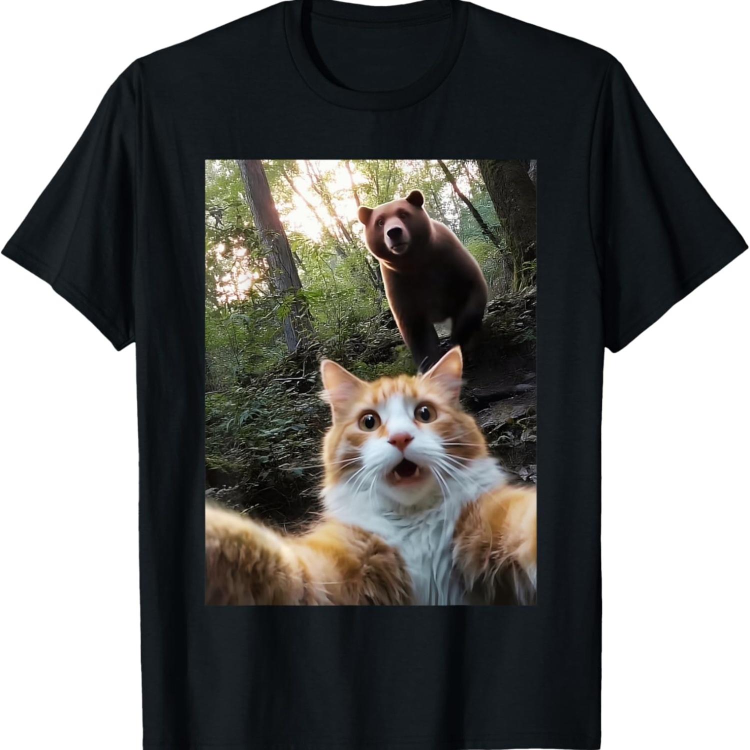 Funny Surprised Scared Cat Selfie Meme With Bear T-Shirt for Men Women Kids S чёрный