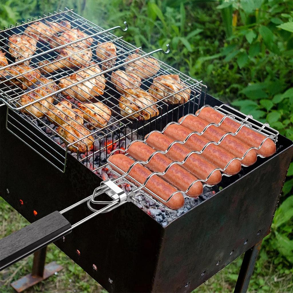 Stainless steel BBQ grill mesh, hot dog sausage grill clip, detachable folding ham sausage grill, outdoor barbecue rack